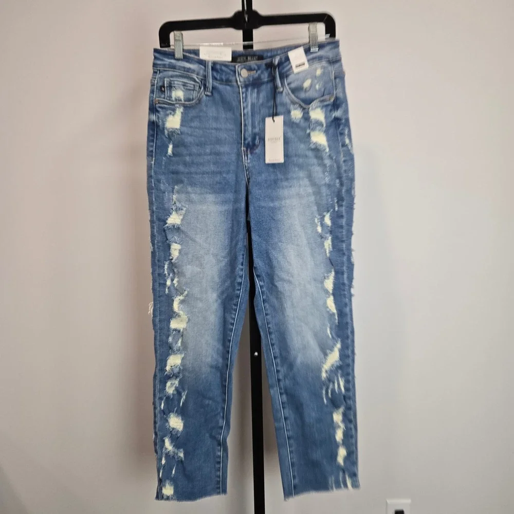 Judy Blue High Waist Side Distressed Straight Leg Jeans Medium Blue 5/27 - Picture 1 of 10